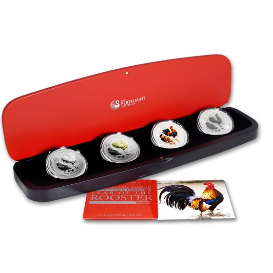 2017 Australia 4-Coin 1 oz Silver Lunar Rooster Type Set 2017 Australia 4-Coin 1 oz Silver Lunar Rooster Type Set